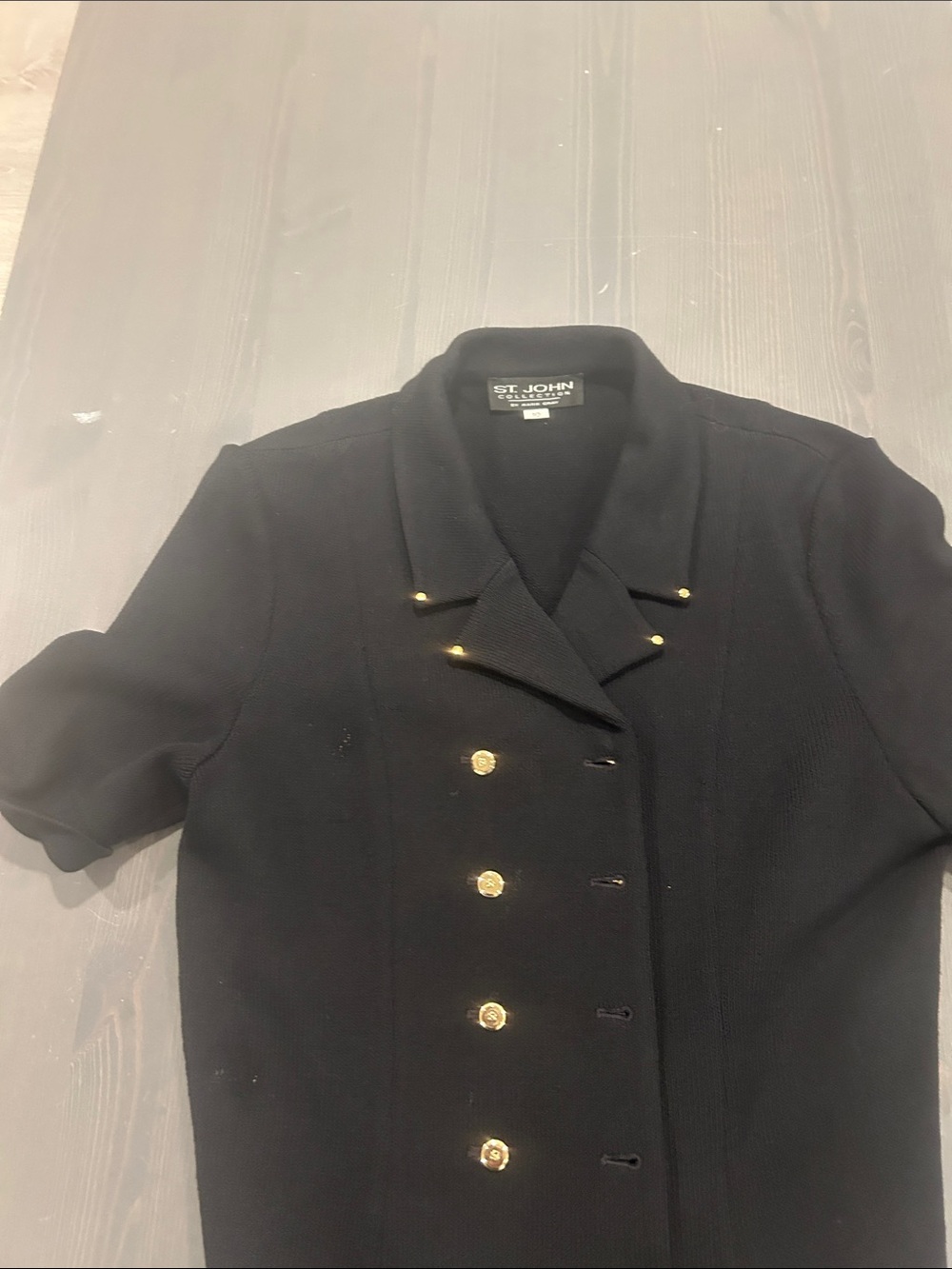 St. John Black Short-Sleeve Double-Breasted Knit Blazer with Gold Buttons